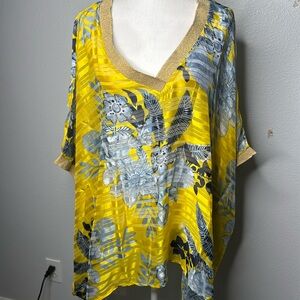 “KAKTUS” yellow  gold metallic V-neck top, swim cover-up  island getaway top H21